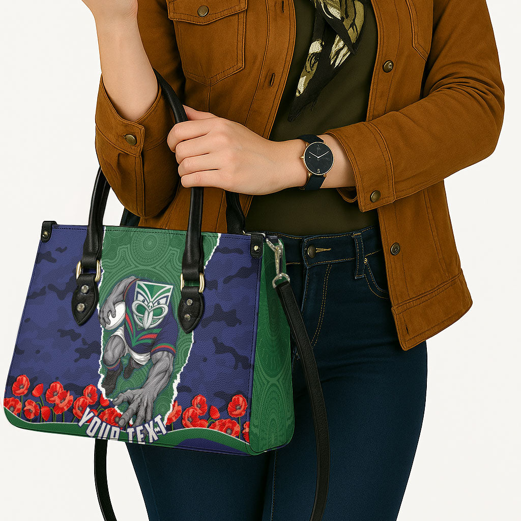 Personalized New Zealand Warriors ANZAC Tribute Leather Bag Poppy Field Soldier Silhouette Aboriginal Rugby Mascot