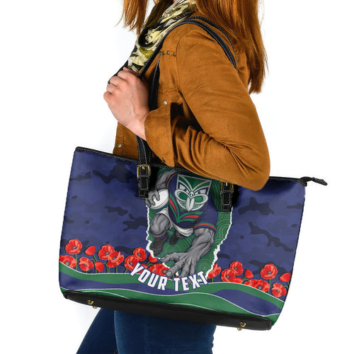 Personalized New Zealand Warriors ANZAC Tribute Leather Tote Bag Poppy Field Soldier Silhouette Aboriginal Rugby Mascot
