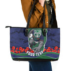 Personalized New Zealand Warriors ANZAC Tribute Leather Tote Bag Poppy Field Soldier Silhouette Aboriginal Rugby Mascot