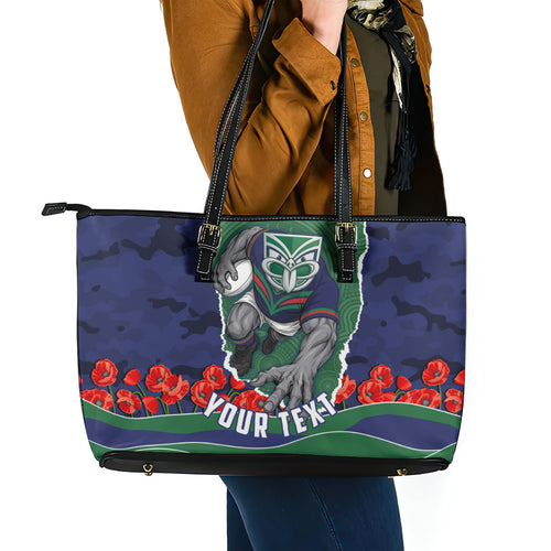 Personalized New Zealand Warriors ANZAC Tribute Leather Tote Bag Poppy Field Soldier Silhouette Aboriginal Rugby Mascot