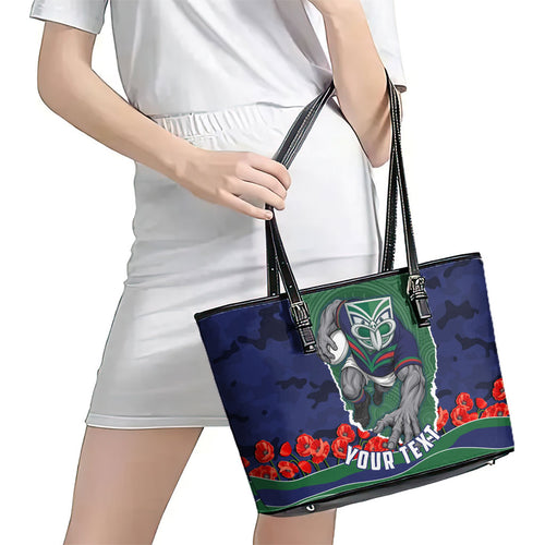Personalized New Zealand Warriors ANZAC Tribute Leather Tote Bag Poppy Field Soldier Silhouette Aboriginal Rugby Mascot