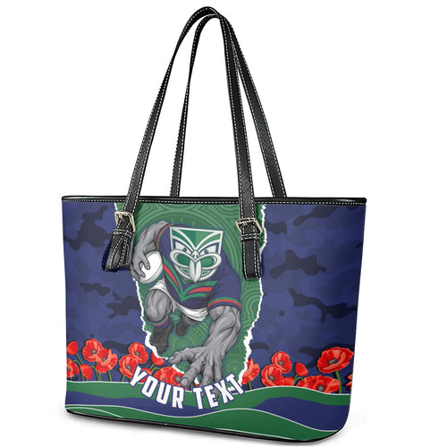 Personalized New Zealand Warriors ANZAC Tribute Leather Tote Bag Poppy Field Soldier Silhouette Aboriginal Rugby Mascot