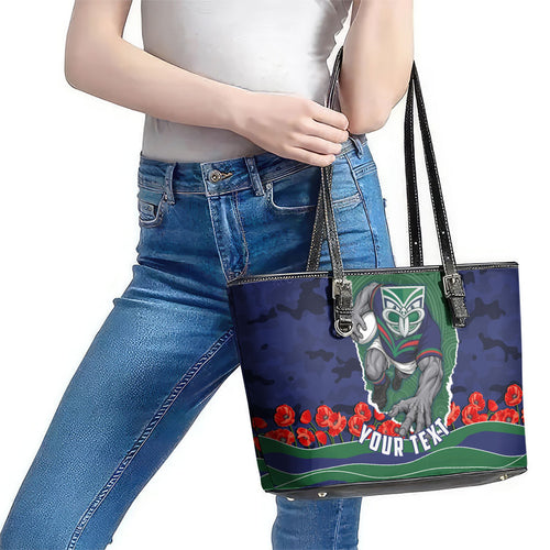 Personalized New Zealand Warriors ANZAC Tribute Leather Tote Bag Poppy Field Soldier Silhouette Aboriginal Rugby Mascot
