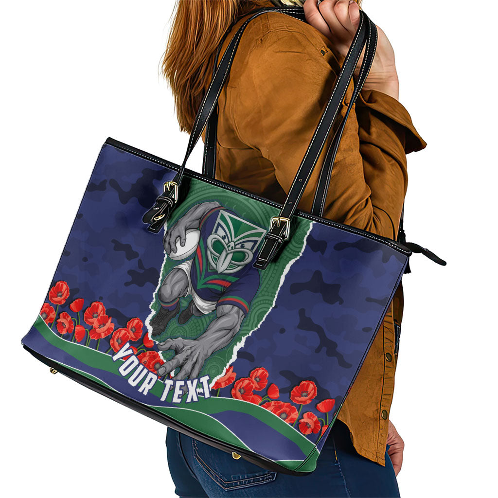 Personalized New Zealand Warriors ANZAC Tribute Leather Tote Bag Poppy Field Soldier Silhouette Aboriginal Rugby Mascot