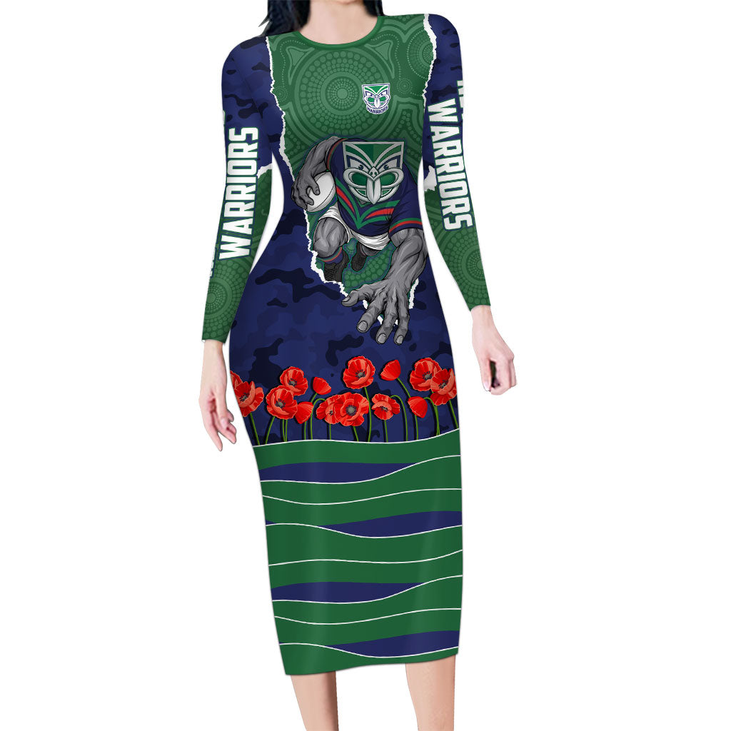 Personalized New Zealand Warriors ANZAC Tribute Long Sleeve Bodycon Dress Poppy Field Soldier Silhouette Aboriginal Rugby Mascot