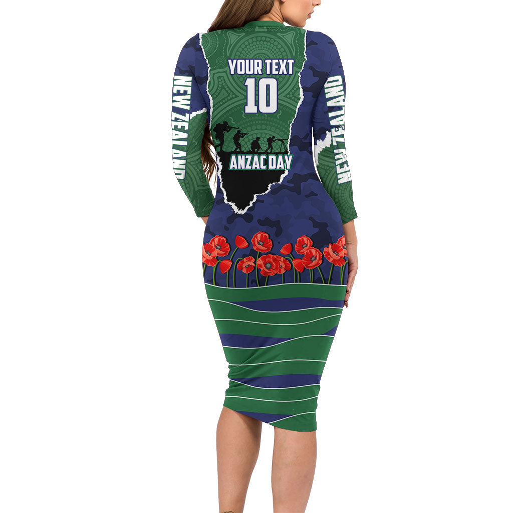 Personalized New Zealand Warriors ANZAC Tribute Long Sleeve Bodycon Dress Poppy Field Soldier Silhouette Aboriginal Rugby Mascot