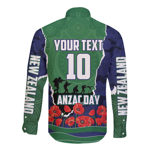 Personalized New Zealand Warriors ANZAC Tribute Long Sleeve Button Shirt Poppy Field Soldier Silhouette Aboriginal Rugby Mascot