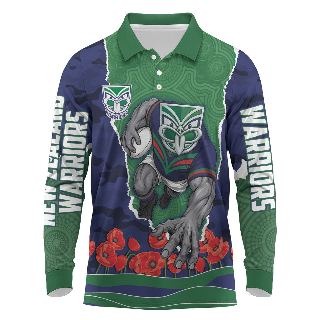 Personalized New Zealand Warriors ANZAC Tribute Long Sleeve Polo Shirt Poppy Field Soldier Silhouette Aboriginal Rugby Mascot