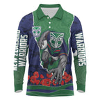 Personalized New Zealand Warriors ANZAC Tribute Long Sleeve Polo Shirt Poppy Field Soldier Silhouette Aboriginal Rugby Mascot