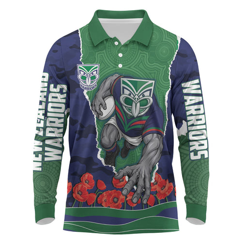 Personalized New Zealand Warriors ANZAC Tribute Long Sleeve Polo Shirt Poppy Field Soldier Silhouette Aboriginal Rugby Mascot
