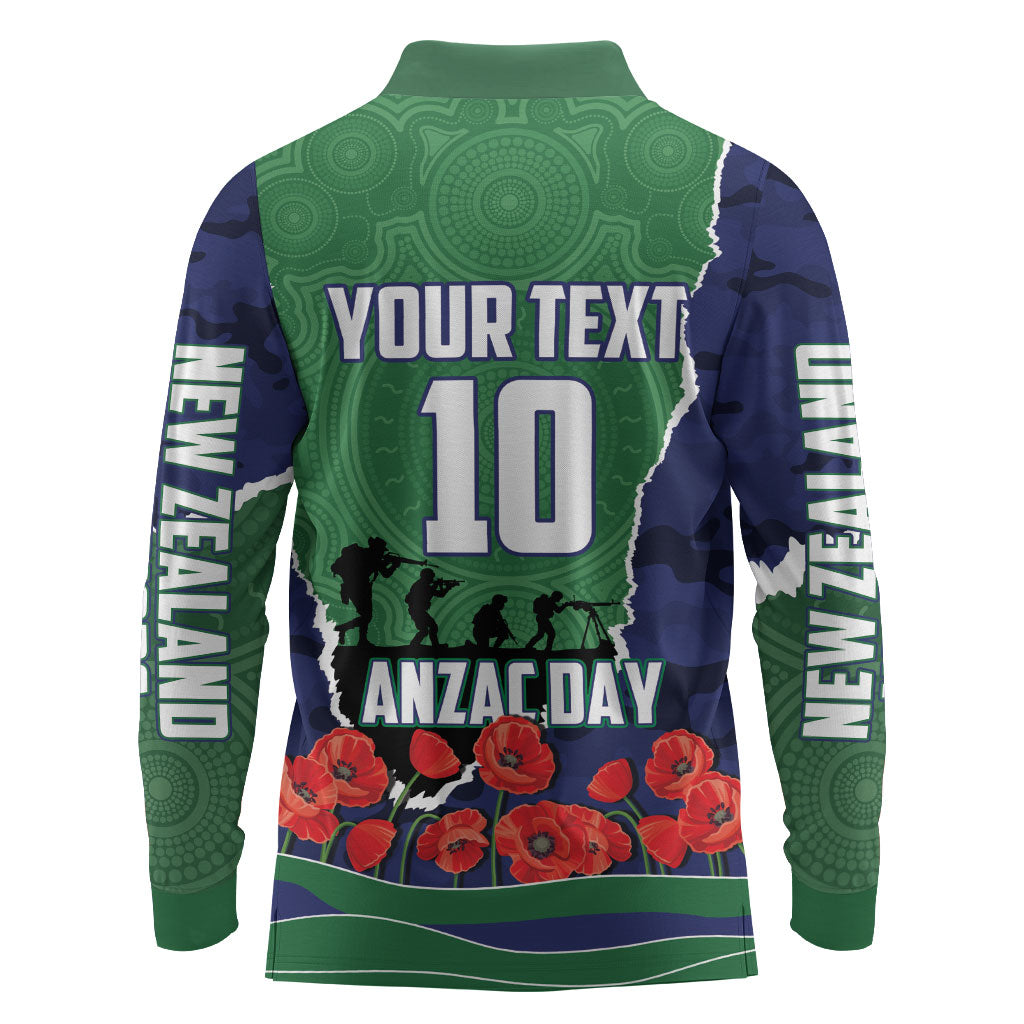 Personalized New Zealand Warriors ANZAC Tribute Long Sleeve Polo Shirt Poppy Field Soldier Silhouette Aboriginal Rugby Mascot