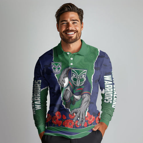 Personalized New Zealand Warriors ANZAC Tribute Long Sleeve Polo Shirt Poppy Field Soldier Silhouette Aboriginal Rugby Mascot