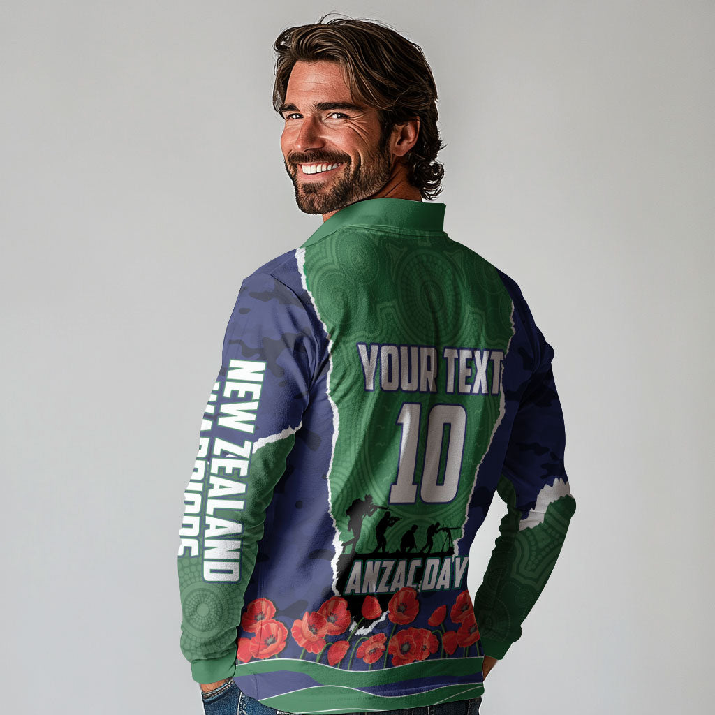 Personalized New Zealand Warriors ANZAC Tribute Long Sleeve Polo Shirt Poppy Field Soldier Silhouette Aboriginal Rugby Mascot