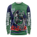 Personalized New Zealand Warriors ANZAC Tribute Long Sleeve Shirt Poppy Field Soldier Silhouette Aboriginal Rugby Mascot