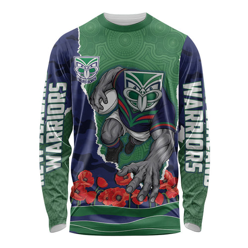 Personalized New Zealand Warriors ANZAC Tribute Long Sleeve Shirt Poppy Field Soldier Silhouette Aboriginal Rugby Mascot