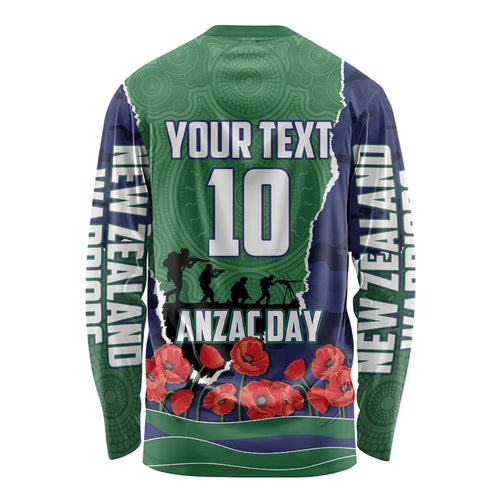 Personalized New Zealand Warriors ANZAC Tribute Long Sleeve Shirt Poppy Field Soldier Silhouette Aboriginal Rugby Mascot