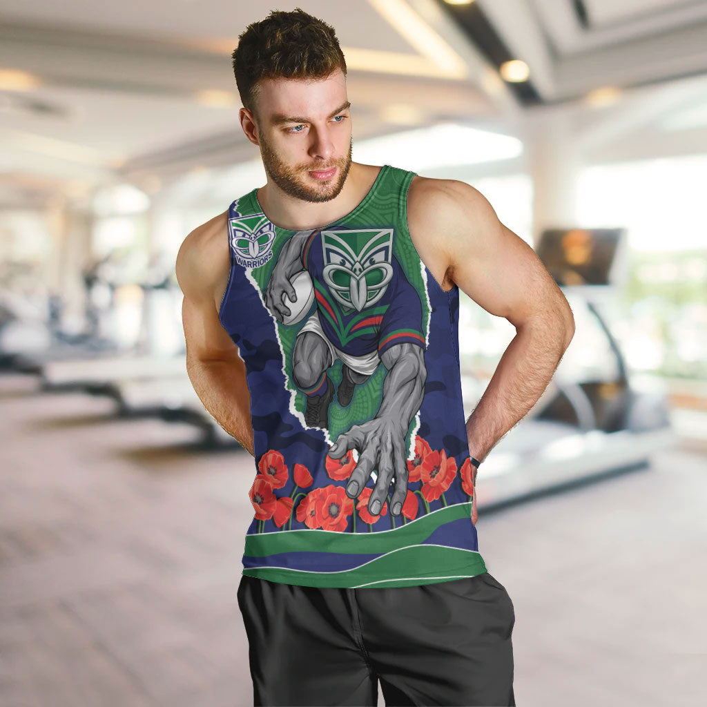 Personalized New Zealand Warriors ANZAC Tribute Men Tank Top Poppy Field Soldier Silhouette Aboriginal Rugby Mascot