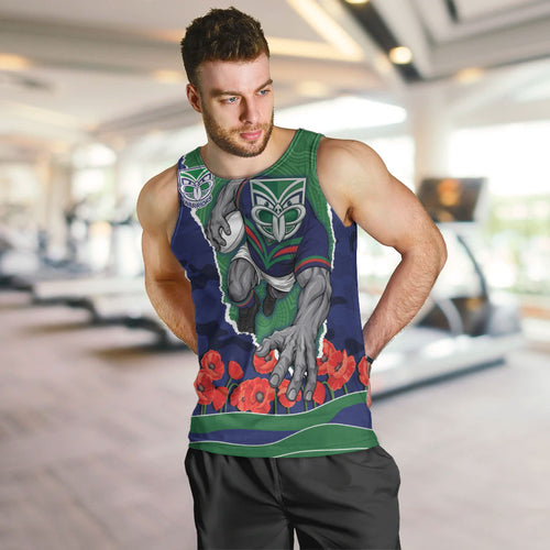 Personalized New Zealand Warriors ANZAC Tribute Men Tank Top Poppy Field Soldier Silhouette Aboriginal Rugby Mascot