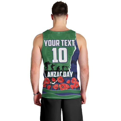 Personalized New Zealand Warriors ANZAC Tribute Men Tank Top Poppy Field Soldier Silhouette Aboriginal Rugby Mascot