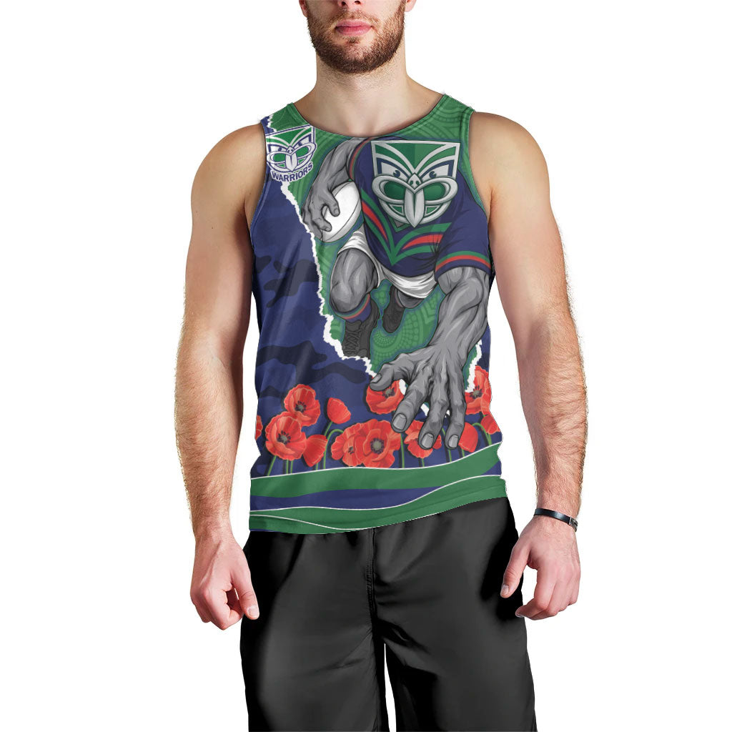Personalized New Zealand Warriors ANZAC Tribute Men Tank Top Poppy Field Soldier Silhouette Aboriginal Rugby Mascot