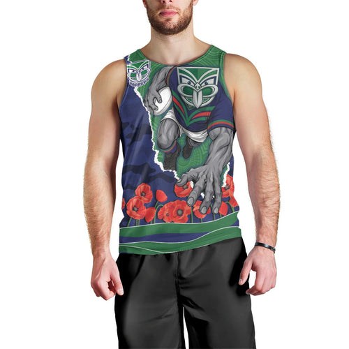 Personalized New Zealand Warriors ANZAC Tribute Men Tank Top Poppy Field Soldier Silhouette Aboriginal Rugby Mascot