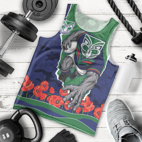 Personalized New Zealand Warriors ANZAC Tribute Men Tank Top Poppy Field Soldier Silhouette Aboriginal Rugby Mascot