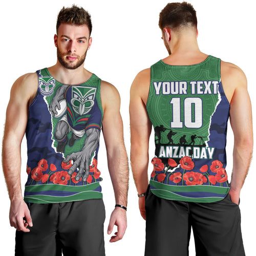 Personalized New Zealand Warriors ANZAC Tribute Men Tank Top Poppy Field Soldier Silhouette Aboriginal Rugby Mascot