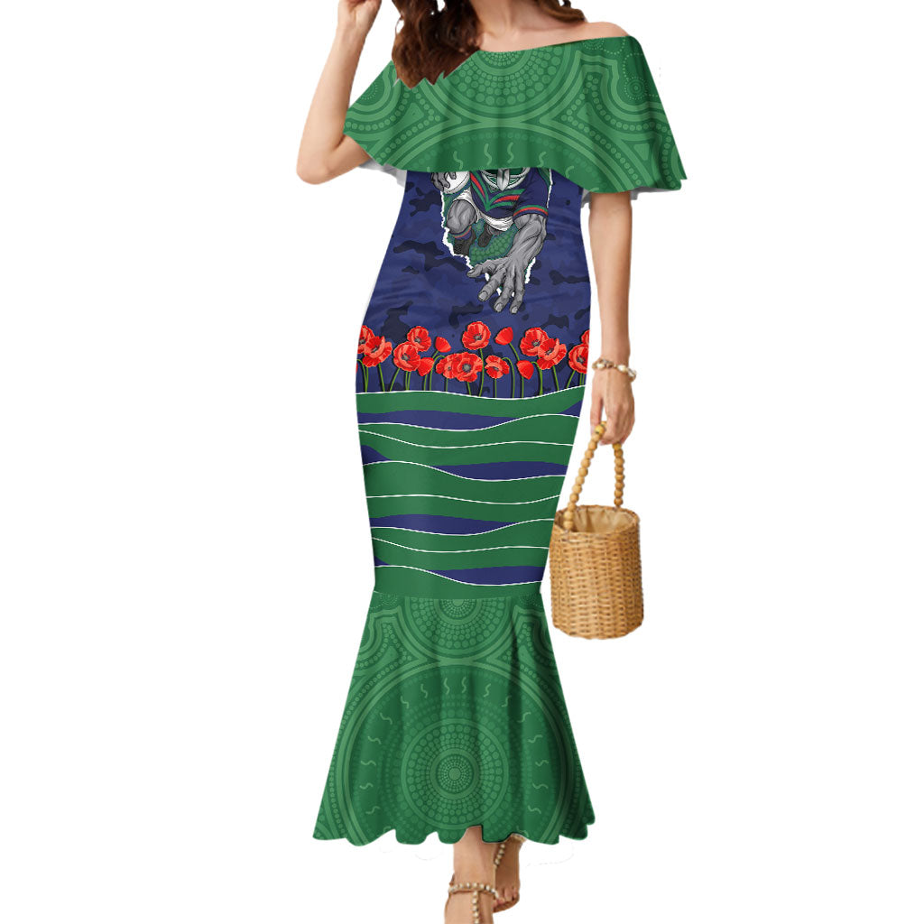 Personalized New Zealand Warriors ANZAC Tribute Mermaid Dress Poppy Field Soldier Silhouette Aboriginal Rugby Mascot