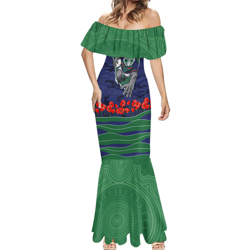 Personalized New Zealand Warriors ANZAC Tribute Mermaid Dress Poppy Field Soldier Silhouette Aboriginal Rugby Mascot