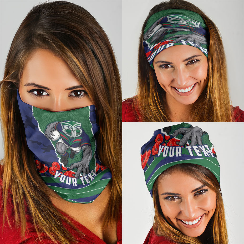 Personalized New Zealand Warriors ANZAC Tribute Neck Gaiter Poppy Field Soldier Silhouette Aboriginal Rugby Mascot