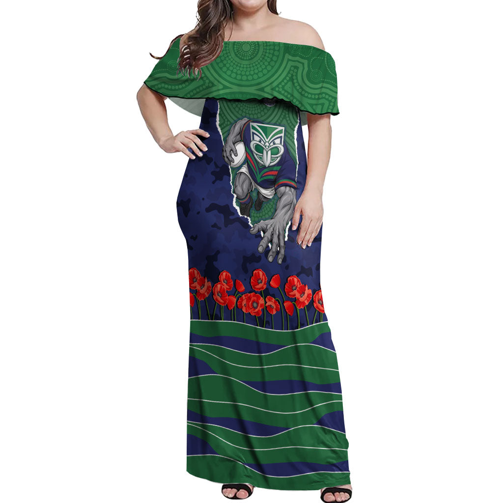 Personalized New Zealand Warriors ANZAC Tribute Off Shoulder Maxi Dress Poppy Field Soldier Silhouette Aboriginal Rugby Mascot