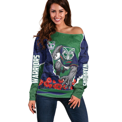 Personalized New Zealand Warriors ANZAC Tribute Off Shoulder Sweater Poppy Field Soldier Silhouette Aboriginal Rugby Mascot
