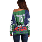 Personalized New Zealand Warriors ANZAC Tribute Off Shoulder Sweater Poppy Field Soldier Silhouette Aboriginal Rugby Mascot