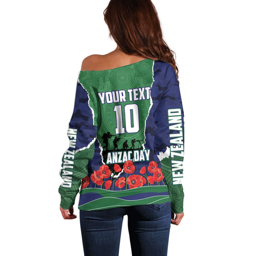 Personalized New Zealand Warriors ANZAC Tribute Off Shoulder Sweater Poppy Field Soldier Silhouette Aboriginal Rugby Mascot