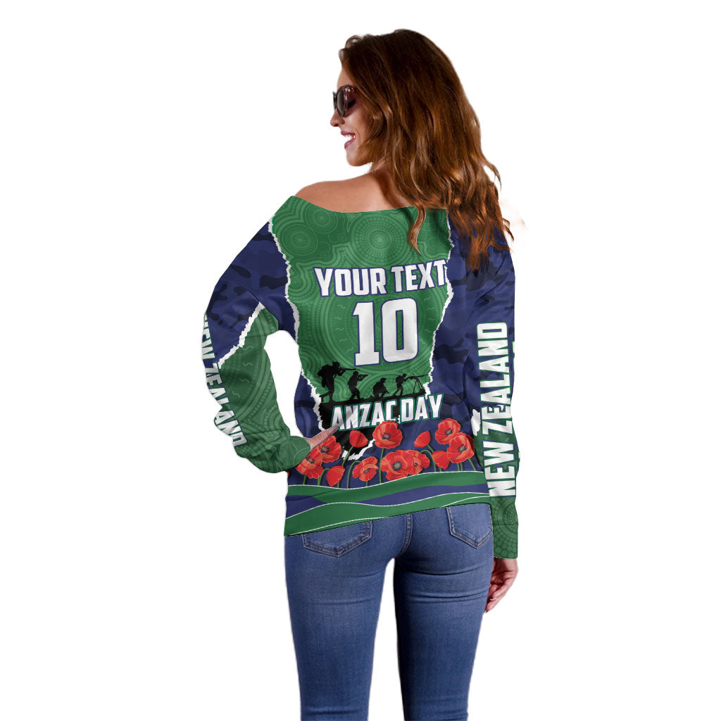 Personalized New Zealand Warriors ANZAC Tribute Off Shoulder Sweater Poppy Field Soldier Silhouette Aboriginal Rugby Mascot