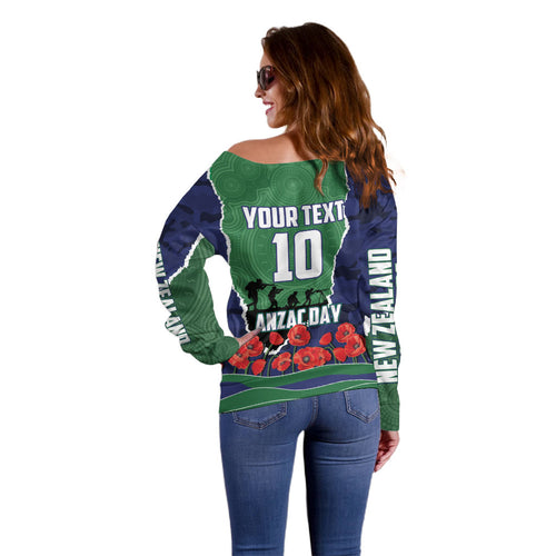 Personalized New Zealand Warriors ANZAC Tribute Off Shoulder Sweater Poppy Field Soldier Silhouette Aboriginal Rugby Mascot