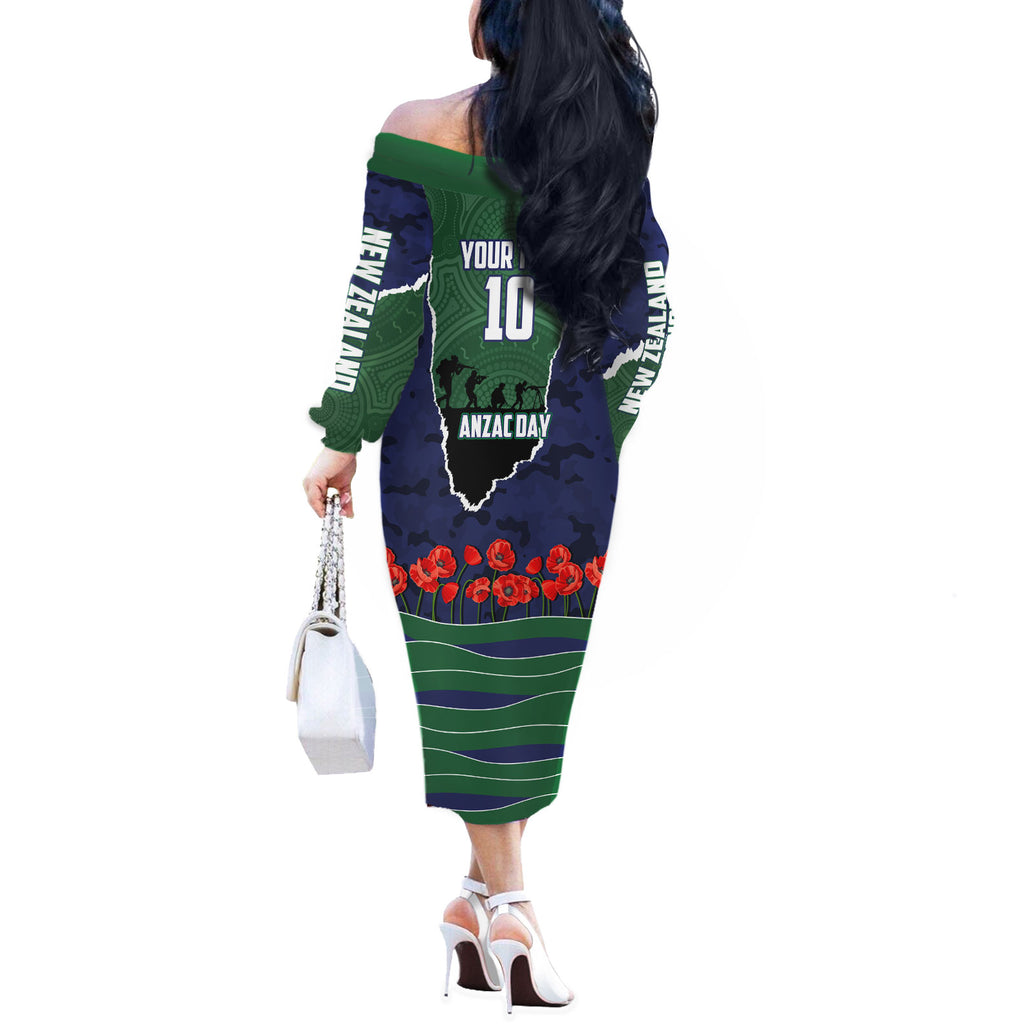 Personalized New Zealand Warriors ANZAC Tribute Off The Shoulder Long Sleeve Dress Poppy Field Soldier Silhouette Aboriginal Rugby Mascot