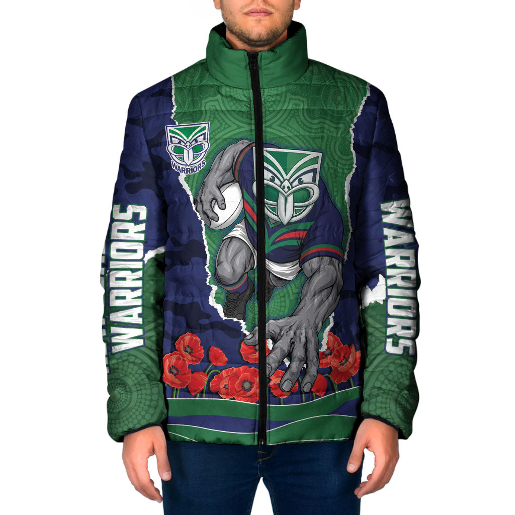 Personalized New Zealand Warriors ANZAC Tribute Padded Jacket Poppy Field Soldier Silhouette Aboriginal Rugby Mascot