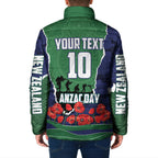 Personalized New Zealand Warriors ANZAC Tribute Padded Jacket Poppy Field Soldier Silhouette Aboriginal Rugby Mascot