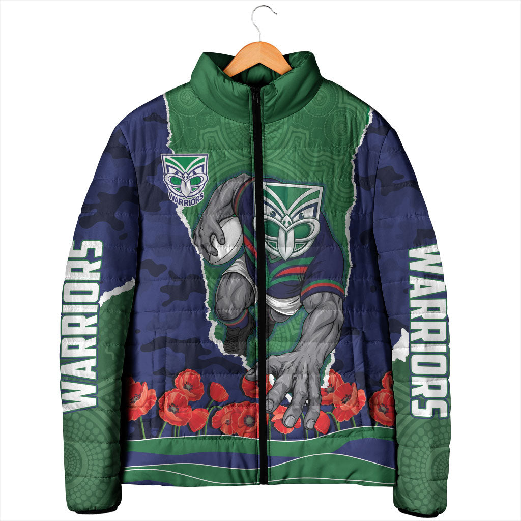 Personalized New Zealand Warriors ANZAC Tribute Padded Jacket Poppy Field Soldier Silhouette Aboriginal Rugby Mascot