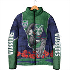 Personalized New Zealand Warriors ANZAC Tribute Padded Jacket Poppy Field Soldier Silhouette Aboriginal Rugby Mascot