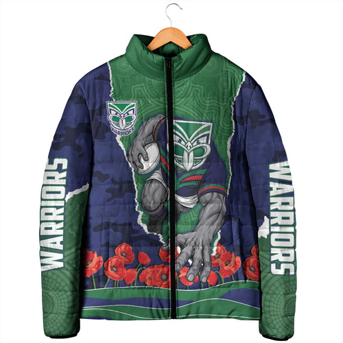 Personalized New Zealand Warriors ANZAC Tribute Padded Jacket Poppy Field Soldier Silhouette Aboriginal Rugby Mascot