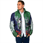 Personalized New Zealand Warriors ANZAC Tribute Padded Jacket Poppy Field Soldier Silhouette Aboriginal Rugby Mascot