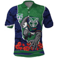 Personalized New Zealand Warriors ANZAC Tribute Polo Shirt Poppy Field Soldier Silhouette Aboriginal Rugby Mascot