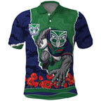 Personalized New Zealand Warriors ANZAC Tribute Polo Shirt Poppy Field Soldier Silhouette Aboriginal Rugby Mascot