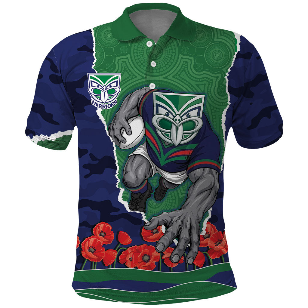 Personalized New Zealand Warriors ANZAC Tribute Polo Shirt Poppy Field Soldier Silhouette Aboriginal Rugby Mascot