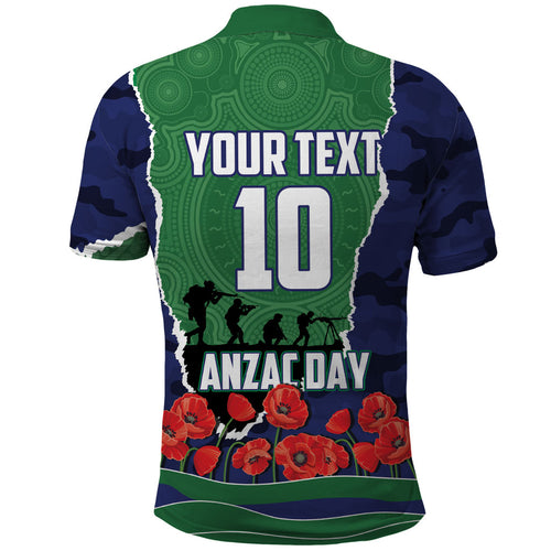 Personalized New Zealand Warriors ANZAC Tribute Polo Shirt Poppy Field Soldier Silhouette Aboriginal Rugby Mascot