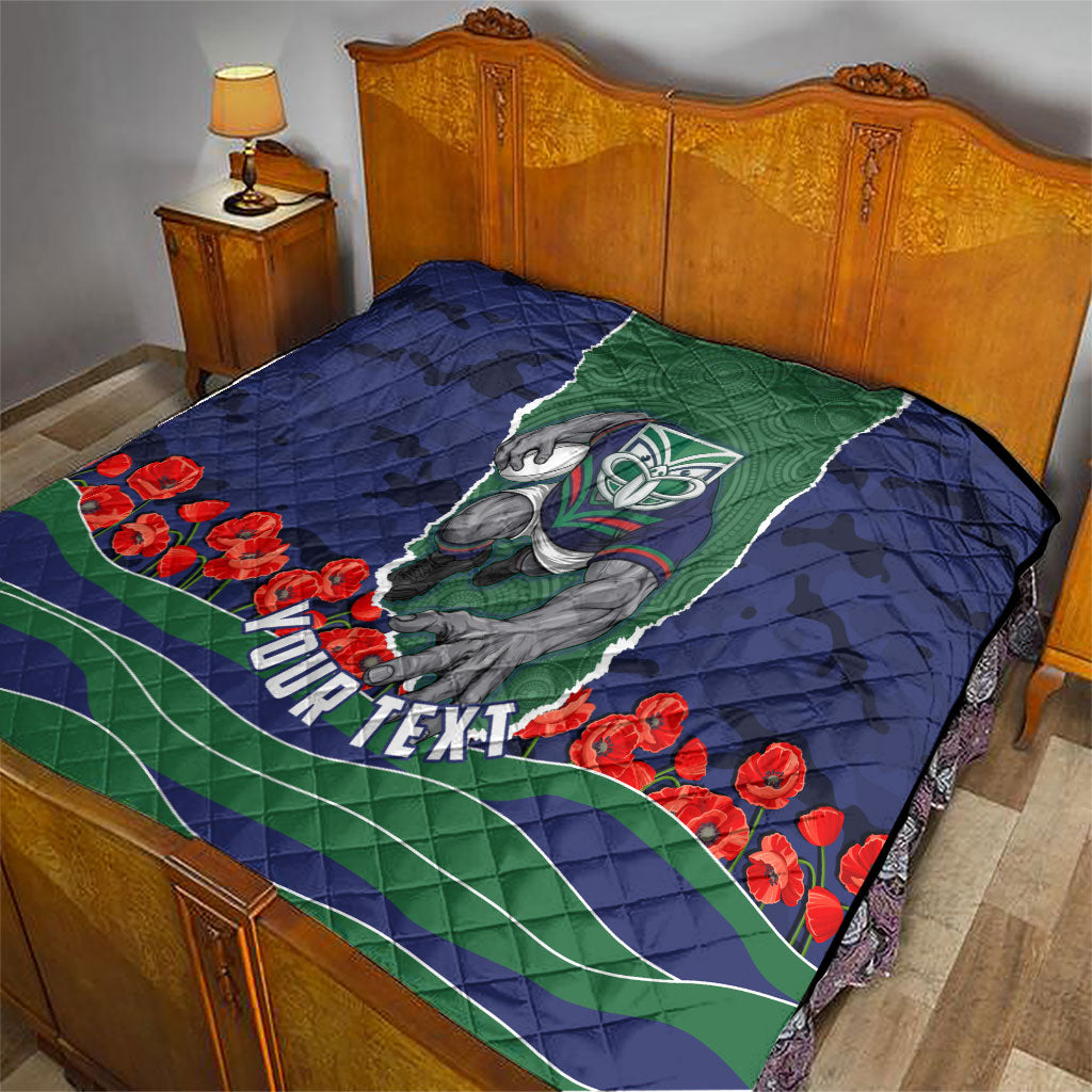 Personalized New Zealand Warriors ANZAC Tribute Quilt Poppy Field Soldier Silhouette Aboriginal Rugby Mascot