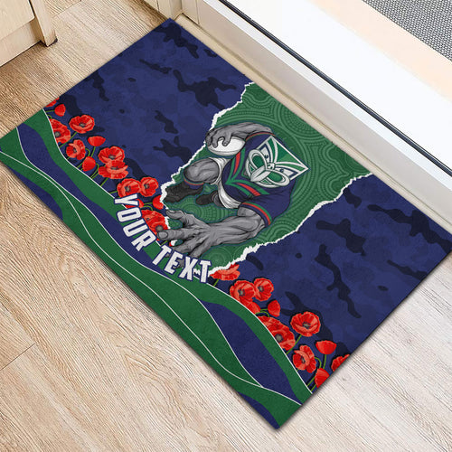 Personalized New Zealand Warriors ANZAC Tribute Rubber Doormat Poppy Field Soldier Silhouette Aboriginal Rugby Mascot