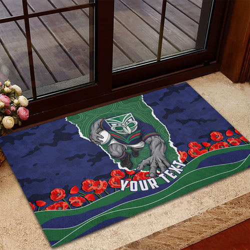 Personalized New Zealand Warriors ANZAC Tribute Rubber Doormat Poppy Field Soldier Silhouette Aboriginal Rugby Mascot